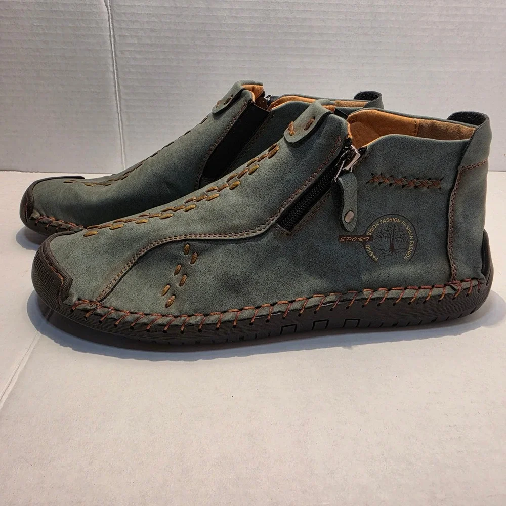 Fashion Sport Leather Hand Stitched Blue Ankle Boots Men 41 Zip 818-41